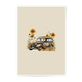 Vintage Car Photographic Prints, Sunflower Wall Decor, Classic Vehicle Art, Retro Automobile Print, Rustic Home Decoration - Tawshia